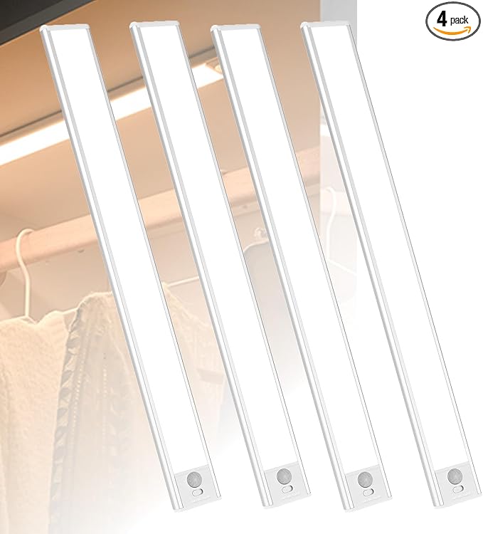 Closet Light 4 Pack Magnetic 12" Rechargeable, 3 Color Dimmable LED Motion Sensor Battery Powered Closet Light Smart Sensor Magnetic Punch Free Smart Sensor Rechargeable Led Lights