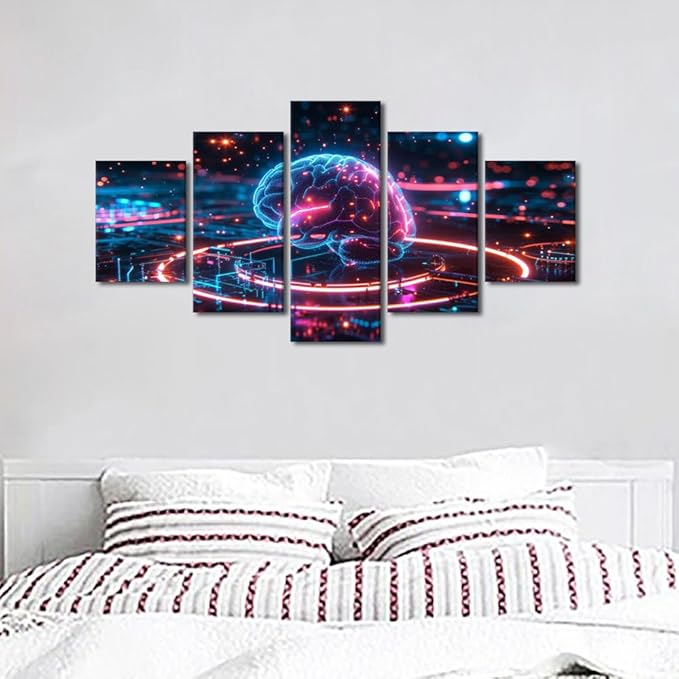 5 Panel Modern Science and Technology Pictures for Living Room Digital Brain Canvas Wall Art for Bedroom Artwork for Room House Decor Wall Modern Posters and Prints Framed Ready to Hang 60"Wx32"H
