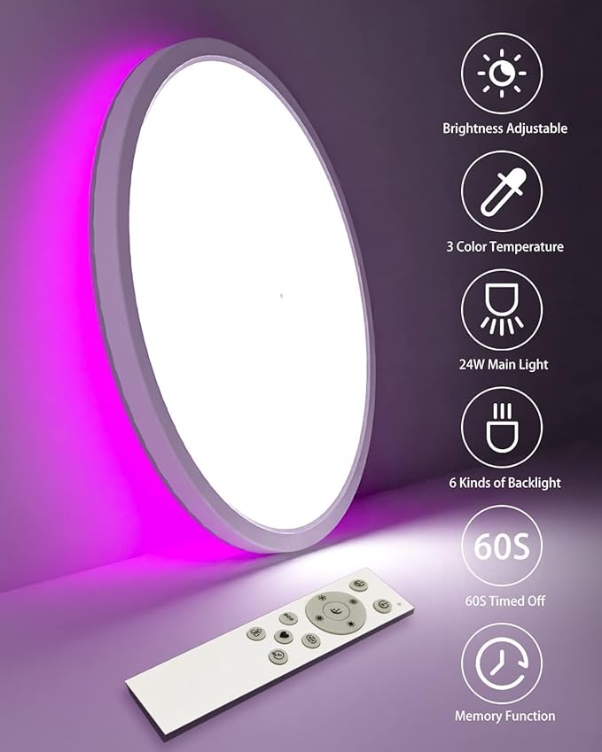 zemty 12Inch RGB Ceiling Light with Remote, 24W 2400LM 3000K-6500K Color Changeable, Dimmable LED Light Fixture Flush Mount, Round Surface Ceiling Lamp for Kids Gaming Room Bathroom