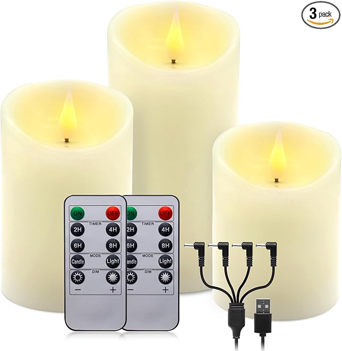 ALED LIGHT Real Wax Rechargeable Candles Flickering Realistic,Warm White Flameless Candles Rechargeable with Remote for Home Decor Idea Gift，Pack 3(D 3”X H 4”5”6”)