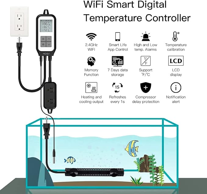 MOES Smart WiFi Cooling Heating Thermostat Outlet, Tuya Digital Temperature Controller Sensor Plug for Reptile Fermenter Brewing Breeding Heat Mat, Smart Life Remote Control, -22-221℉,10A 1250W
