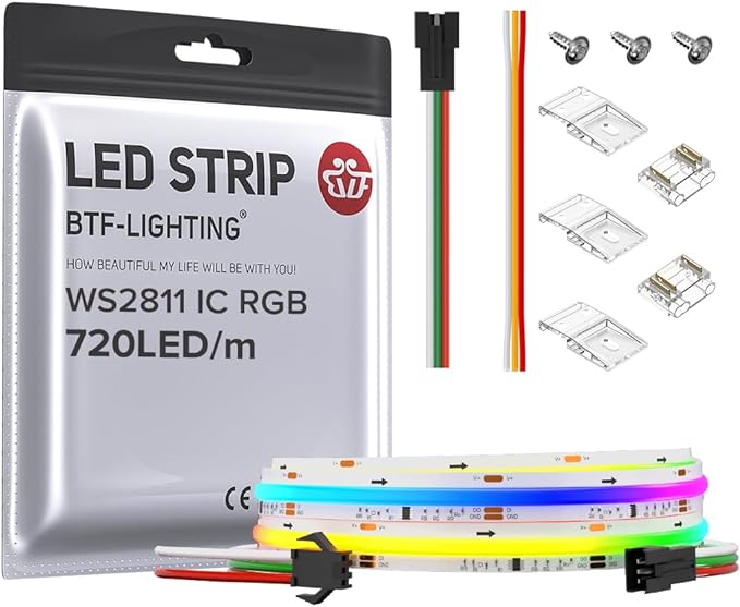 BTF-LIGHTING FCOB WS2811 IC RGB COB LED Strip DC24V 720LED/m 3.2FT Flexible High Density Uniform Chasing Color Light 20IC/m 12mm Width Light for Home Indoor Decor(No Adapter or Controller)