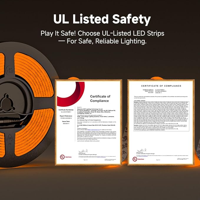 BTF-LIGHTING FCOB COB LED Strip Orange Color 5mm Width UL Listed Super Narrow Flexible Uniform Light DC24V 16.4FT CRI 90+ Dimmable LED Ribbon for Bedroom Home Indoor Decor(No Adapter or Controller)