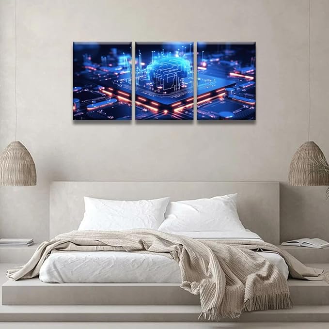 Multi Panel Large Wall Art Cloud Computing transfer Data on Internet Pictures Print On Canvas for Living Room Decoration, CPU Artwork Framed Ready to Hang, 12x16inchx3