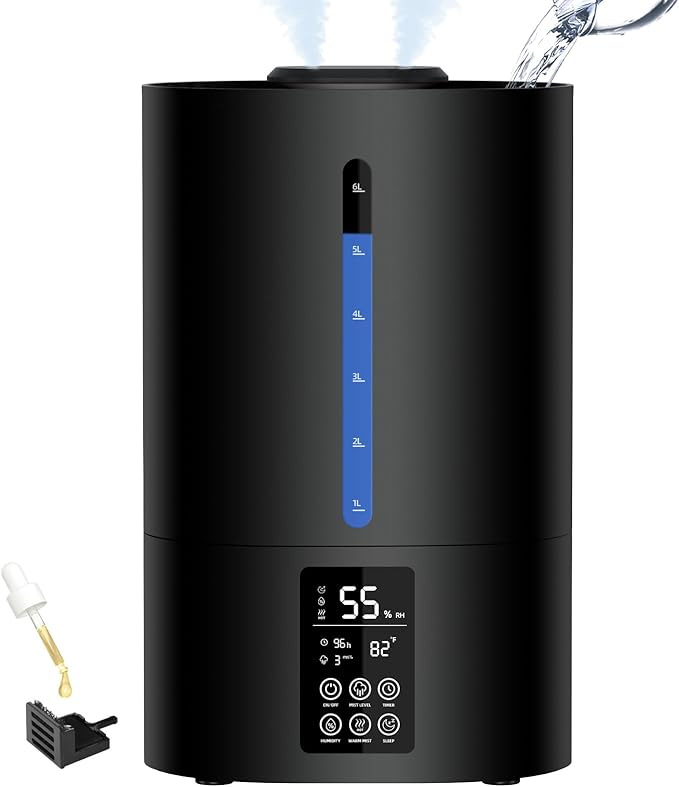 6L Humidifiers for Bedroom Large Room Home, Cool and Warm Humidifier for Plants Mist Top Fill Desk Humidifiers Essential Oil Diffuser, Quiet Humidifier with Adjustable Mist,360°Nozzle-Midnight Black