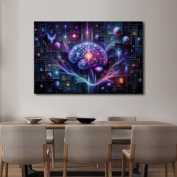 Digital Brain Canvas Wall Art for Bedroom Neurological Data Analysis Painting House Decorations Technology Print Artwork Canvas Framed Artwork for Walls Posters framed Ready to Hang 24"Wx36"Hx1 Panel