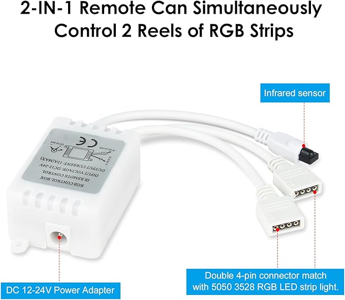 RGBZONE 4PIN RGB LED Controller, 2 Ports Low Voltage LED Controller, 44-Keys Wireless IR Remote Control, DC12V-24V 5050 2835 3528 LED Strip Lights