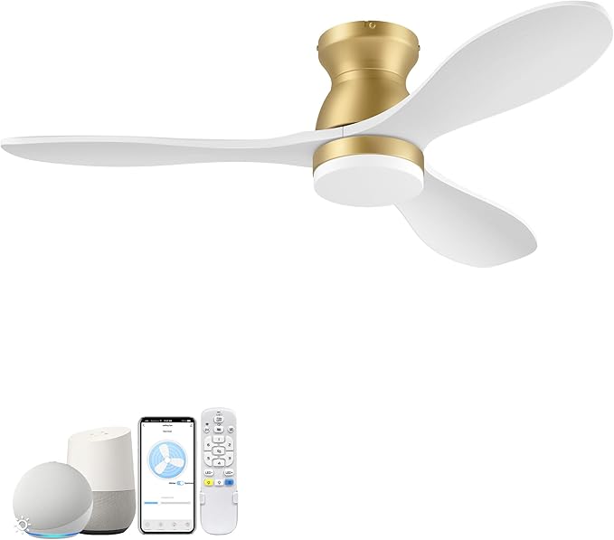 42" Wood Smart Ceiling Fans with Lights and Remote,Control with Alexa WIFI APP,White and Gold Flush Mount Ceiling Fan,Dimmable,6 speed,Quiet Motor,Outdoor Indoor Low Profile Fan for Bedroom,Patio