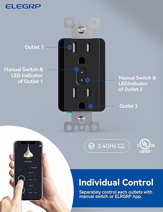 ELEGRP Smart in-Wall Outlet, 2.4GHz Wi-Fi Smart Receptacle Compatible with Alexa and Google Assistant, Tamper Resistant, 2 Individually Controlled Outlets, No Hub Required, UL Listed, Black, 2 Pack