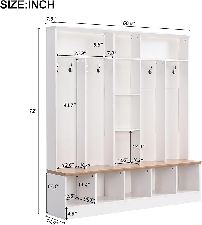 Merax, 66.9" Wide Hall Tree with Storage Bench, Shoe Cabinet with Cube & Shelves, Coat Rack with 8 Hooks for Entryways