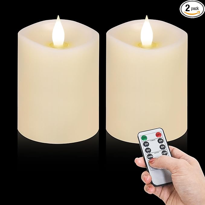 3x4 Flickering Flameless Candles Set of 2,Real Wax LED Battery Candles,with Timer,4 inch Flameless Candles with Remote,Battery Operated Candles,for Wedding Holiday Home Decor,Ivory