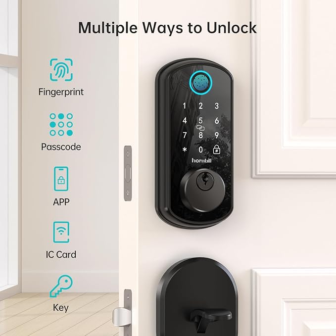 Smart WiFi Front Door Lock: Hornbill Keyless Entry Fingerprint Deadbolt with Handle Set Electronic Digital Keypad Door Locks APP Remote Control Alexa Auto Lock Black
