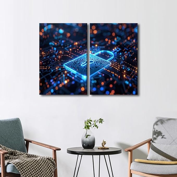3 Pieces Security Lock Symbol Home Decor Wall Art AI Intelligence Paintings Pictures Artwork Home Decor for Living Room Giclee Framed Gallery-Wrapped Ready to Hang, 24" Wx16 H