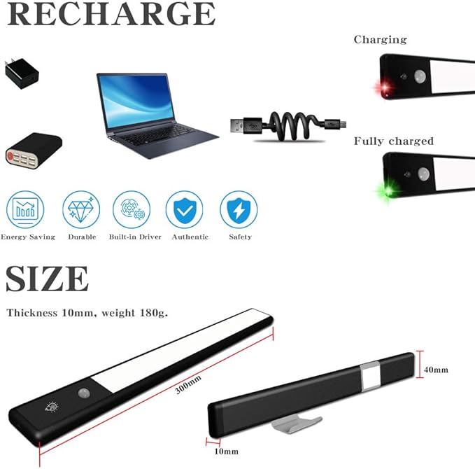 LED Closet Light, Dimmable Motion Sensor Activated Under Counter/Cabinet Lighting USB Rechargeable 54 LEDs -4Modes Touch Switch-Magnetic Stick Night Bar for Stairs,Wardrobe,Kitchen,Bedroom