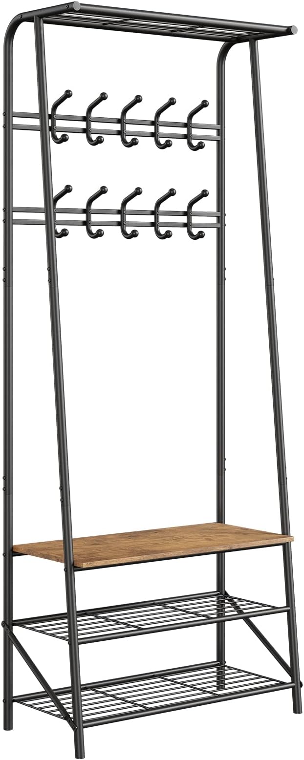 4-in-1 Hall Tree with Shoe Storage Bench & 10 Hooks – Freestanding Entryway Coat Rack, Double Row Hooks, Metal Frame, Rustic Brown Wood – Living Room, Bedroom, Foyer – 60cm Width