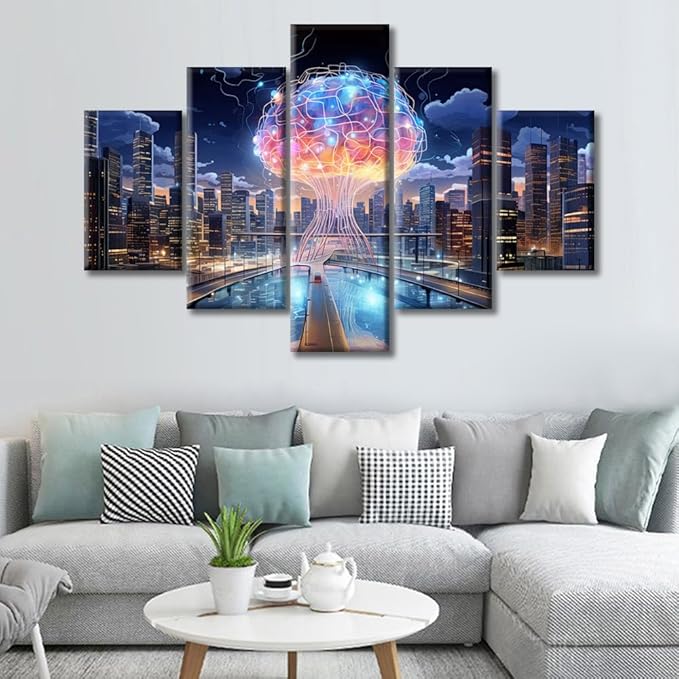 5 Pieces City Smart Brain Canvas Wall Art for Living Room Human Brain Energy Large Wall Art Brain Nervous System Modern Artwork Print On Canvas Ready to Hang for Bedroom Office (60"Wx40"H)