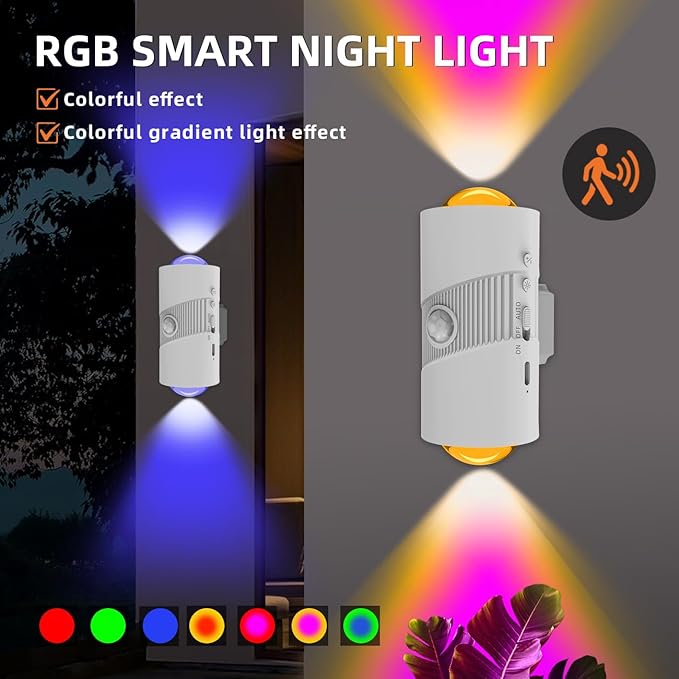 Rechargeable RGB Motion Sensor Night Light, Color Changing LED Night Light with Stick-on Magnet, 4-Level Adjustable Brightness, Nightlights for Bedroom, Bathroom, Hallway, Stairs, Closet, 2-Pack (2)