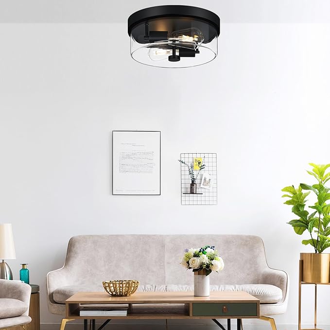 Flush Mount Ceiling Light Fixtures, 2-Light Black Ceiling Mount for Farmhouse with Clear Glass Lampshade, Industrial Flush Mount Light Fixture for Hallway, Kitchen, Entryway and Foyer