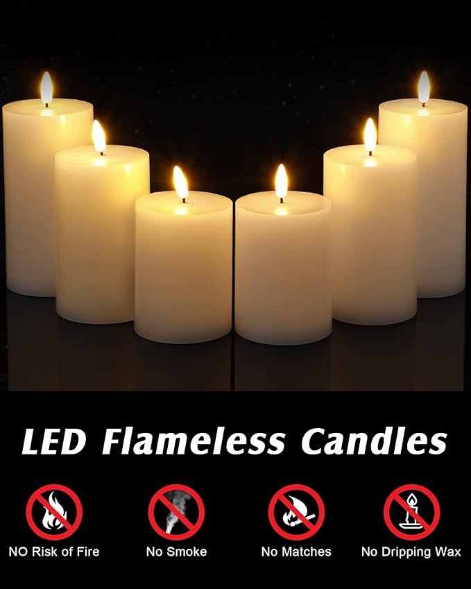Leelosp 6 Pack Flameless Candles with Remote Timer, Battery Operated Flickering Flameless Candles Bulk Flat Top Pillar LED for Wedding Festival Outdoor Home Decor D 3'' H 4'' 5'' 6''(White)