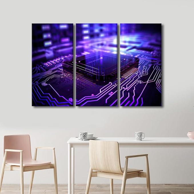 TUMOVO Semiconductor Chip Artwork for Home Walls AI Pictures Print on Canvas Circuit Board Painting 3 Pieces Wall Art Chip Modern Artwork Giclee Posters Framed Ready to Hang, 60" Wx40 H