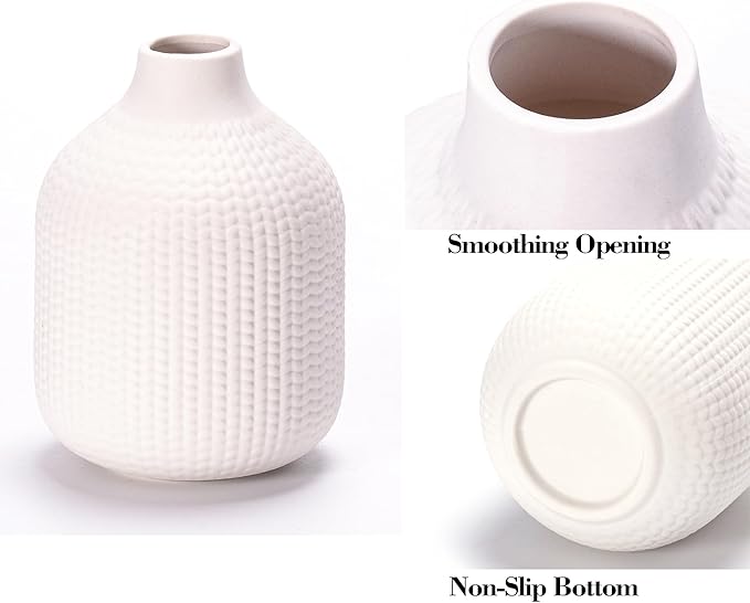 White Ceramic Vases for Decor, Weave Style Modern Minimalist Decorative Vase Set of 3 for Table Shelf, Bookshelf Decoration