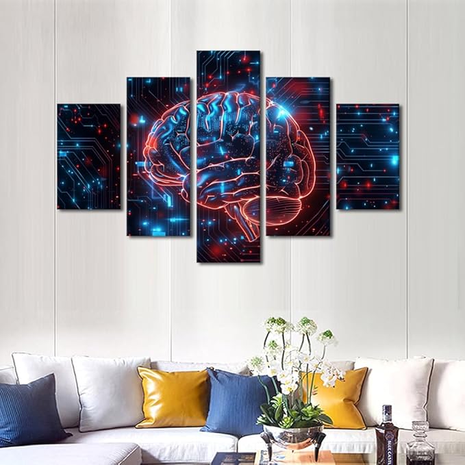 5 Panel Canvas Wall Art for Living Room Artwork Home decor Artificial Intelligence Technology Wall Pictures for Bedroom Digital Brain Posters and Prints Modern Painting House Decorations 60"Wx40"H