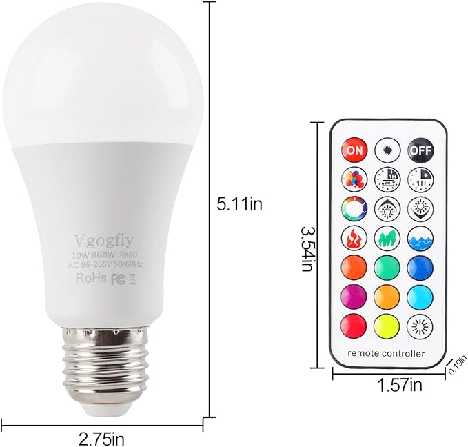 Vgogfly RGB Led Light Bulbs 10W Color Changing Light Bulb with Remote Control 5000k Daylight White (2 Pack) Remove Battery Separator Before Use