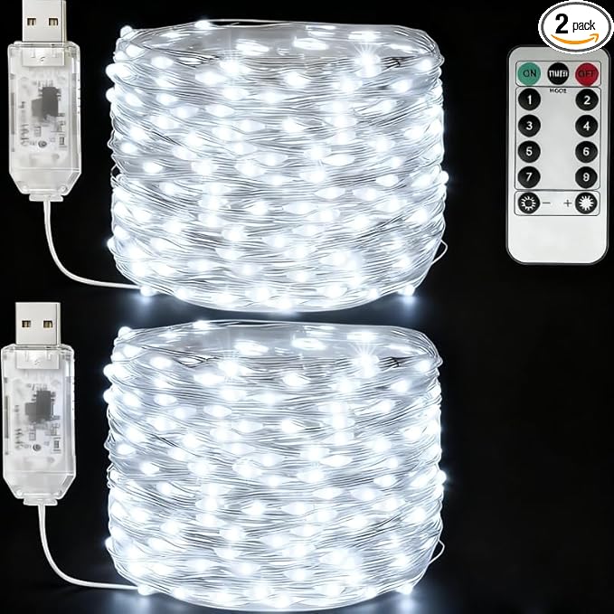 USB Fairy Lights Plug in, 33 Feet 100 LED Twinkle String Lights with Remote and Timer, Waterproof 8 Modes for Bedroom Indoor Wreath DIY Party Wedding Christmas Holiday Decoration(2 Pack White)