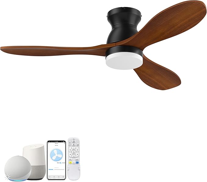 42 Inch Smart Ceiling Fans with Lights and Remote/Alexa,APP Control,Wood Flush Mount Hugger Ceiling Fan with Quiet DC Motor,Dimmable,Outdoor Indoor Low Profile Fan for Bedroom,Living Room,Patio,Porch