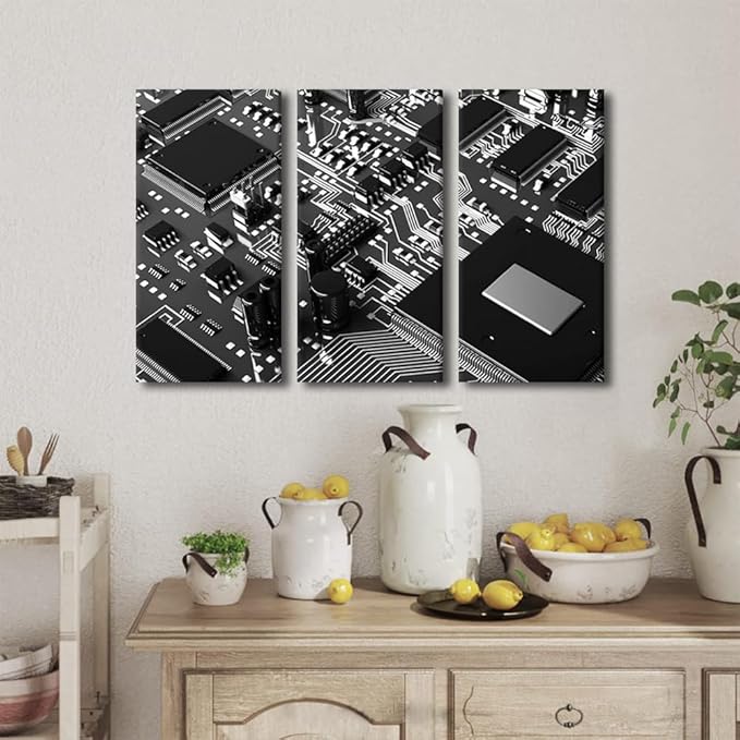 TUMOVO CPU Concept Poster Canvas Wall Art Computer Processors CPU Pictures Black and White Wall Art 3 Panel Motherboard Digital Chip Office Wall Posters and Prints Framed Ready to Hang(24" Wx36 H)