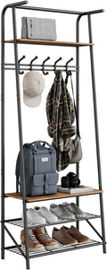 Coat Rack Shoe Bench with 5 Hooks, Entryway Hall Trees with Storage, Multifunctional Hallway Organizer, Wood Look Accent Furniture with Metal Frame, 4-in-1 Hall Trees Shoe Bench (1 Row-5 Hooks)