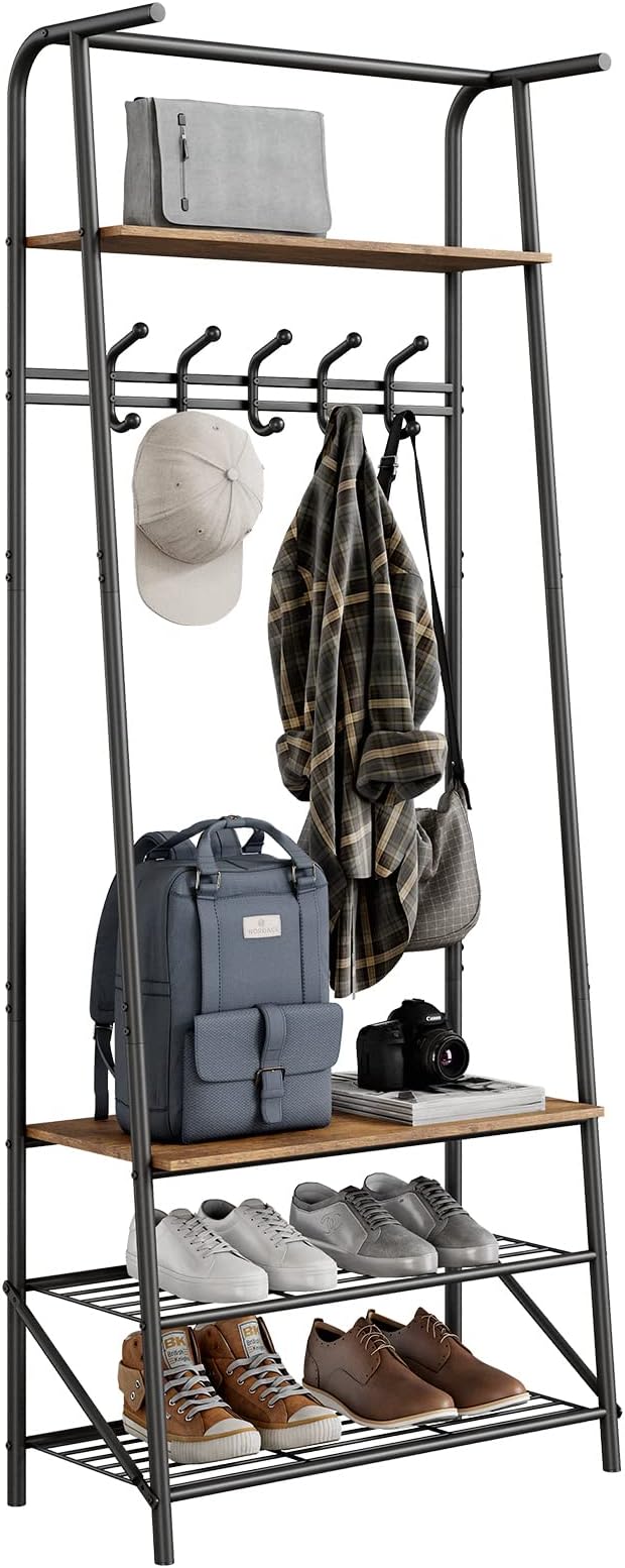 4-in-1 Hall Tree Coat Rack with Shoe Storage Bench & 5 Hooks – Entryway Organizer, Metal Frame, Wood Look Furniture for Entryway, Living Room, Bedroom – Single Row Hook, 60cm Wide