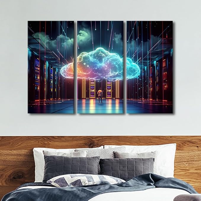 TUMOVO 3 Panels AI Art for Business and Technology Pictures Print on Canvas for Home Hotel Office Wall Decoration, Artificial Intelligence Artwork Stretched Framed Ready to Hang, 60" Wx40 H