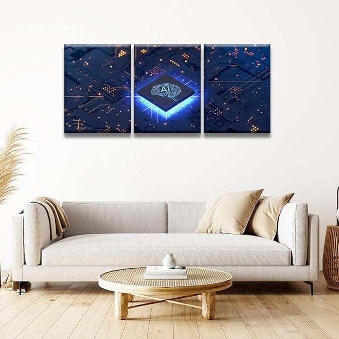 LSIUHWUWI Modern Wall Art 3 Panel Artificial Intelligence Concept Picture Prints on Canvas for Living Room Computer Room,Office Wall Decoration, Framed Ready to Hang 12x16inchx3