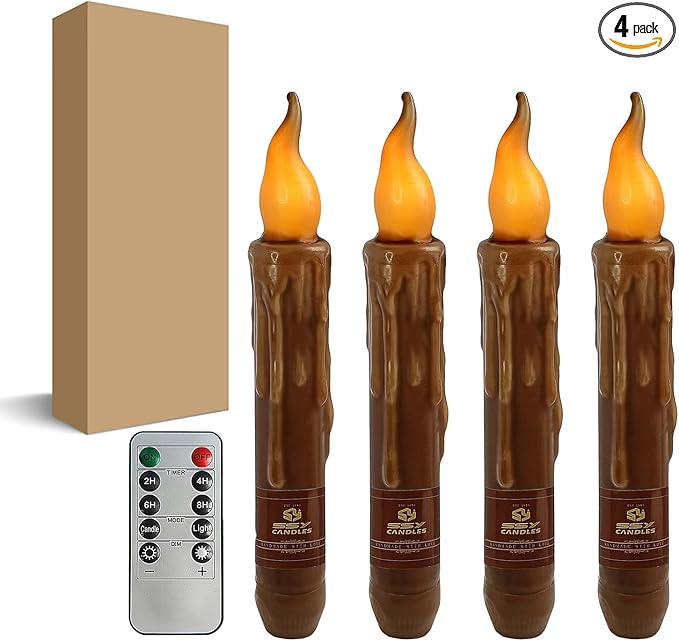 Brown Flameless Short Taper Candles, Real Wax Hand Dipped LED Battery Operated with Remote, Flickering Flame Lights for Festival Party Home Décor, 6.7 Inch Primitive Flameless Candles, 4PCS