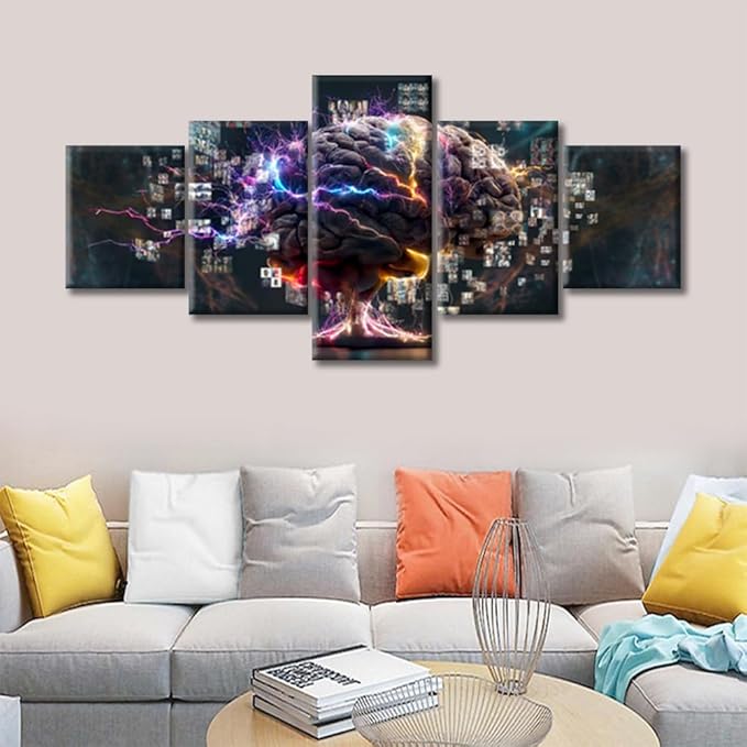 Human Brain Canvas Art Wall Decor Neuronal Impulses Bedroom Wall Art Concept of a Human Brain Full with Creativity Pictures for Living Room Modern Wall Art Framed Ready to Hang (50"Wx24"H)