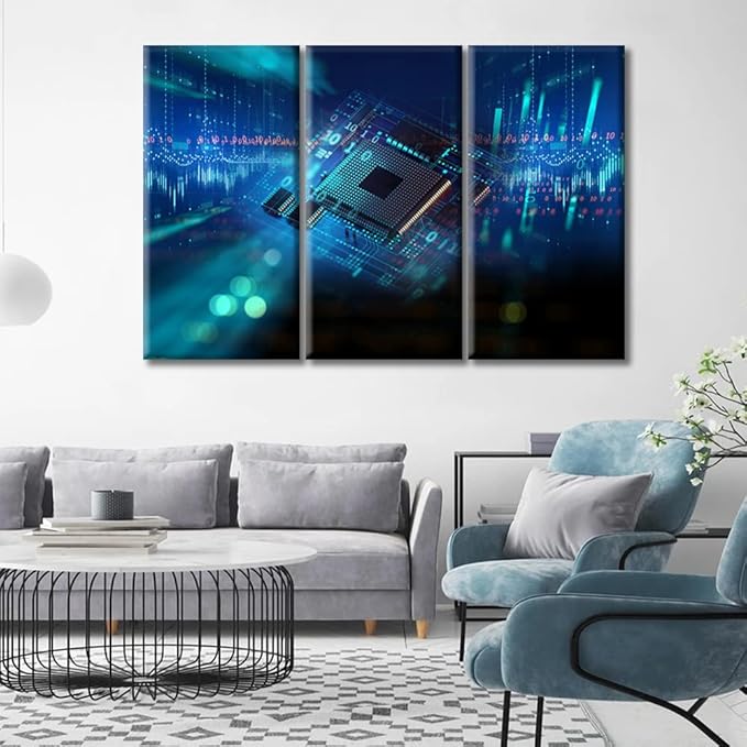 TUMOVO Wall Decor CPU Concept Wall Art Abstract Futuristic PCB Pattern and CPU Artwork Pictures Wall Decor for Living Room 3 Piece Contemporary Home Decor Print on Canvas Ready to Hang (60" Wx40 H)
