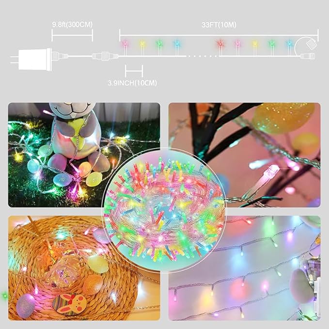 LAMPHOME 33Ft 100 LED Easter Lights Outdoor Indoor for Decorations,16modes Connectable Colorful Pastel Easter Lights String Clear Wire Plug in for Bedroom Tree Room Party Spring Decor