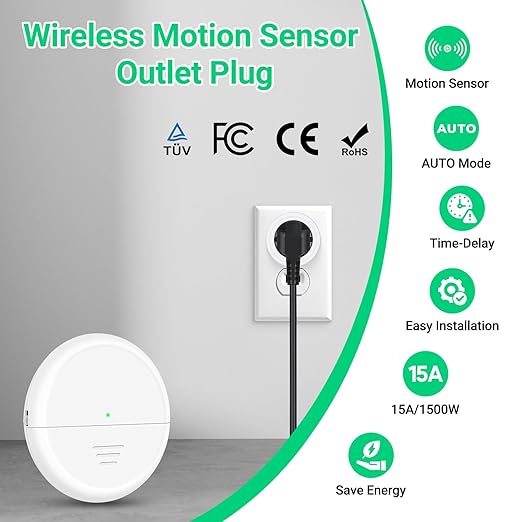 Motion Sensor Plug,Greencycle Wireless Motion Sensor Outlet with Timer Setting,PIR Sensor Plug to Auto Turn On/Off,Adjustable Detection Range,15A/1500W for Christmas Lights,Fans（1 Sensors 3 Plugs）