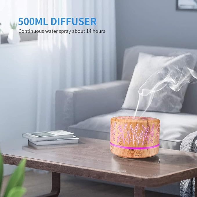 500ml Essential Oil Diffuser, Premium Aromatherapy Diffuser Humidifier with Timer and Auto-Off Safety Switch, 7 Colors Lights, Ultrasonic Cool Mist Diffuser for Home Office Room