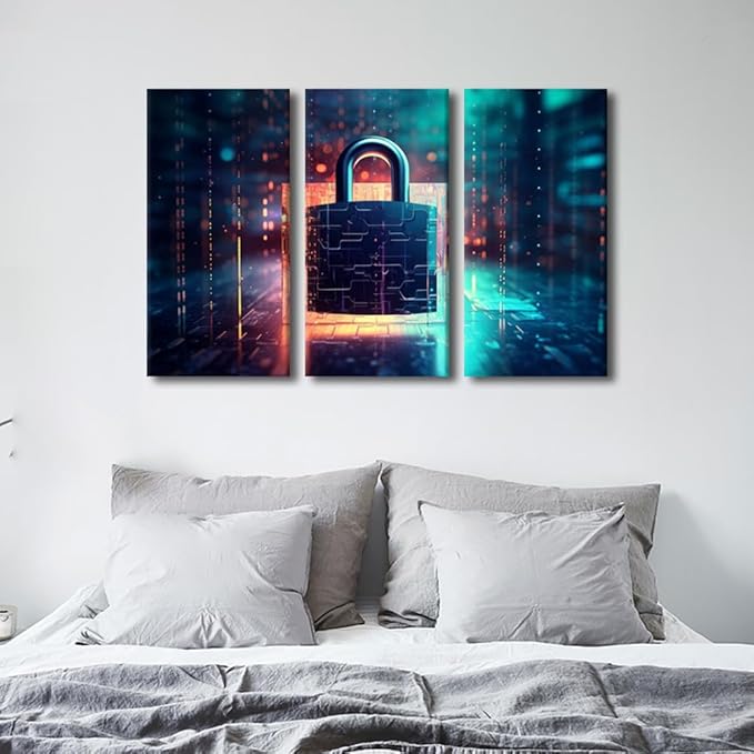 Modern Wall Art Multi Panel Cyber Security and Data Protection Concept Picture Posters for Home Office Wall Decoration, Wooden Framed Gallery-Wrapped Ready to Hang, 36" Wx24 H