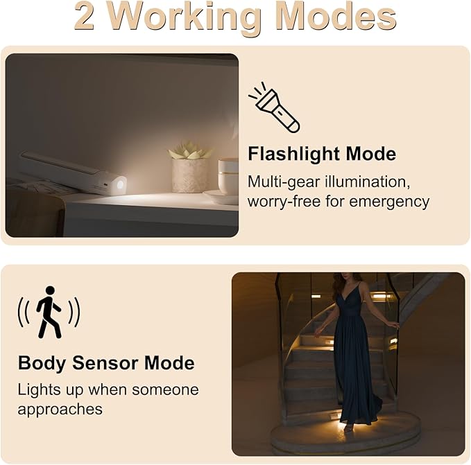 6 Pack Under Cabinet Lighting Warm, Motion Sensor Light Indoor, 2200mAh, Equipped with a 3-in-1 Charging Cable, Suitable for Stair Lighting, Easy Installation