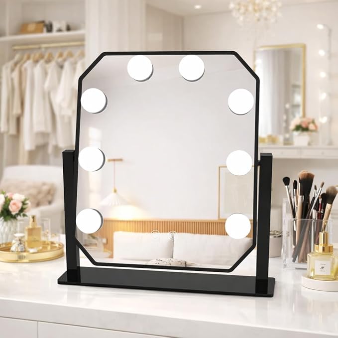 Hollywood Vanity Mirror with Lights - LED Makeup Mirror with 3-Color Dimmable Lights, Smart Touch Control, Detachable 5X Magnifier - Light Up Mirror for Bedroom, Tabletop Make Up Mirror with Lighting