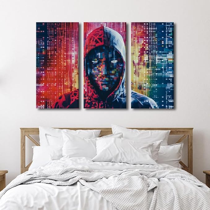 Framed Wall Art 3 Panel Cyber Security and Data Protection Concept Poster for Living Room, Hacker in Mask on Dark Background Pictures Print On Canvas, Wooden Framed Ready to Hang, 42" Wx28 H