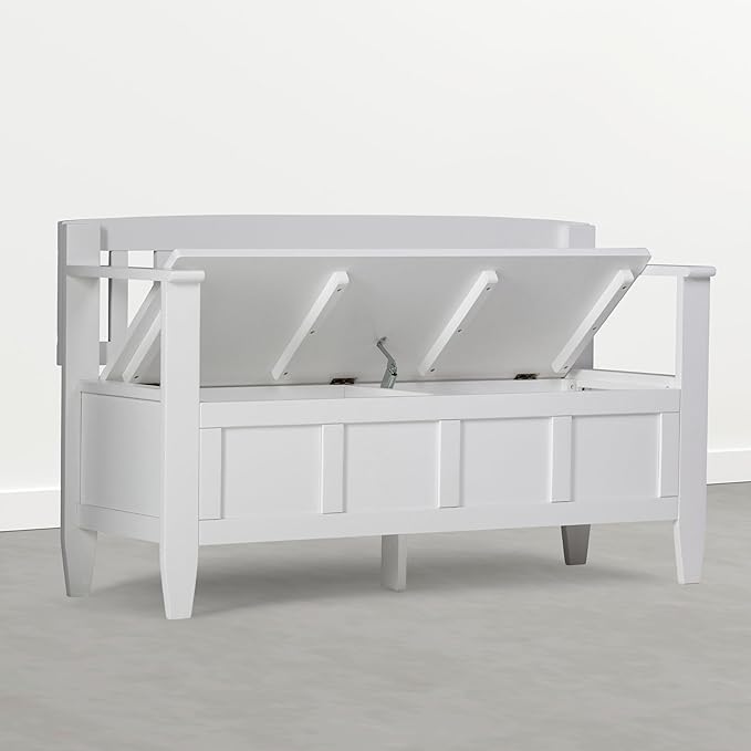 SIMPLIHOME Brooklyn Entryway Storage Bench - 48 inch Wide Solid Wood Storage Seat in Chantilly White, Contemporary Bench for Entryway or Living Room with Lift-Up Lid and Slatted Backrest