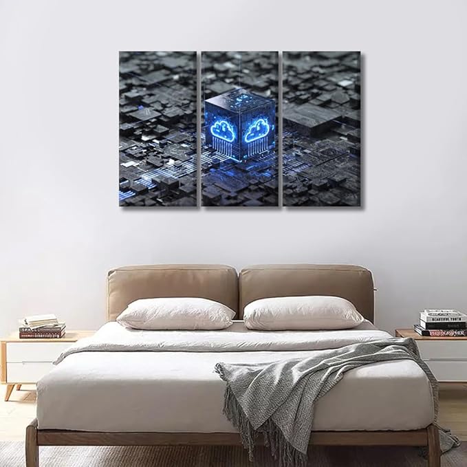 3 Panel Framed Wall Art Cloud Computing and Vetwork Security Concept Picture Poster for Bedroom Living Room Wall Decoratio, Concept Art Gallery-Wrapped Ready to Hang 20x40inchx3