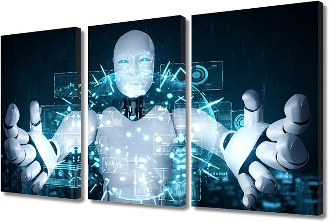 TUMOVO Robot Paintings for Wall Decorations AI Intelligence Canvas Prints AI Wall Art Giclee Artwork 3 Panels Canvas Wall Art Room Wall Decor Stretched and Framed Ready to Hang, 36" Wx24 H