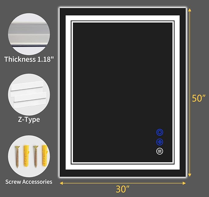 50"x30" LED Bathroom Mirror with Anti-Fog, Stepless Dimmable Lights, 3 Color Modes, Shatter-Proof Tempered Glass,Waterproof Design