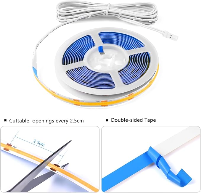 COB LED Strip Lights 12V Penetrable Wood Touch Dimmable LED Under Cabinet Light Kit with 60W Adapter 2M/6.56FT Flexible COB LED Strip for DIY Kitchen,Cabinet,Counter,Shelf,Showcase Decor