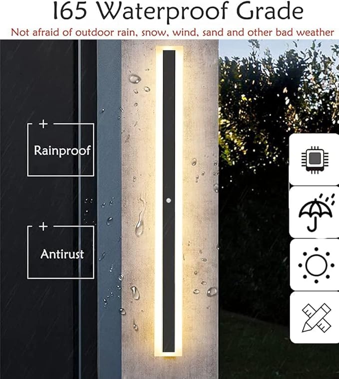 Motion Sensor Wall Light Black Metal IP65 Waterproof Wall Sconces Bedside Decoration Background Linear Lighting Wall Lamp Warm White Long Strip for Corridor Patio Courtya,40cm